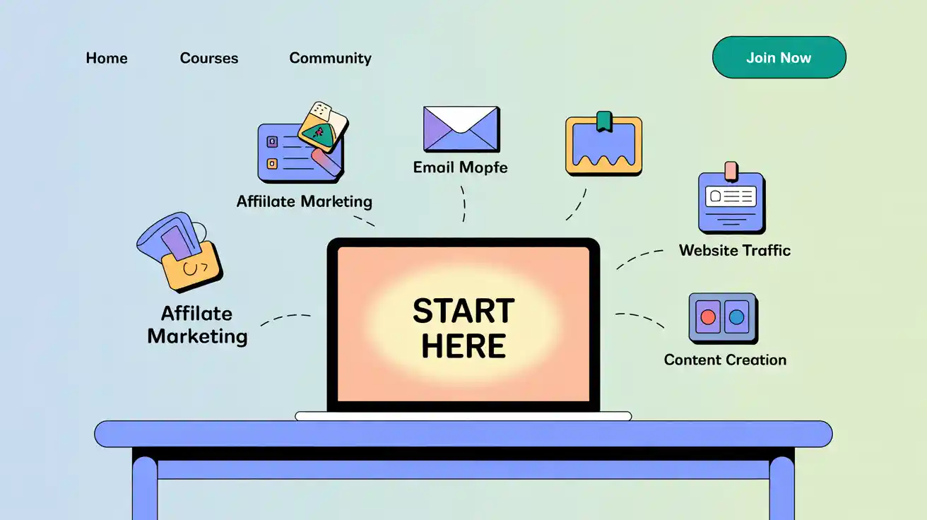 A modern and inviting digital illustration showing a laptop on a clean desk, glowing softly. The screen displays the words "Start Here" in bold. Around the desk are floating icons for affiliate marketing, email, traffic, and content. Color scheme: calming blues, whites, and greens. Style: clean, slightly cartoonish, beginner-friendly, and welcoming.